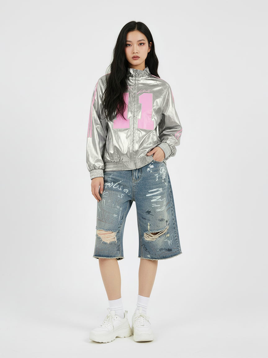 Number 11 Reflective Metallic Leather Track Jacket