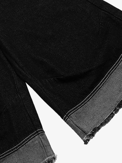 Retro Black Multi-pocket Exposed Raw Edge Cropped Jeans