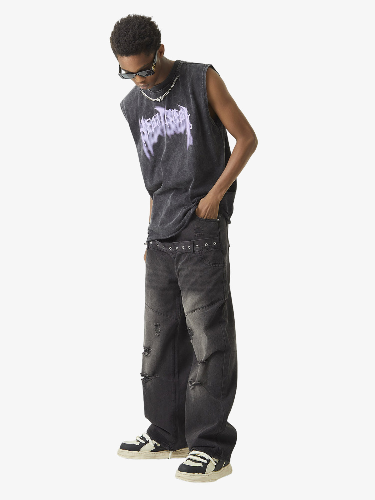 ThesupermadeVintage Metallic Phantom Letter Distressed Washed Vest - 2060