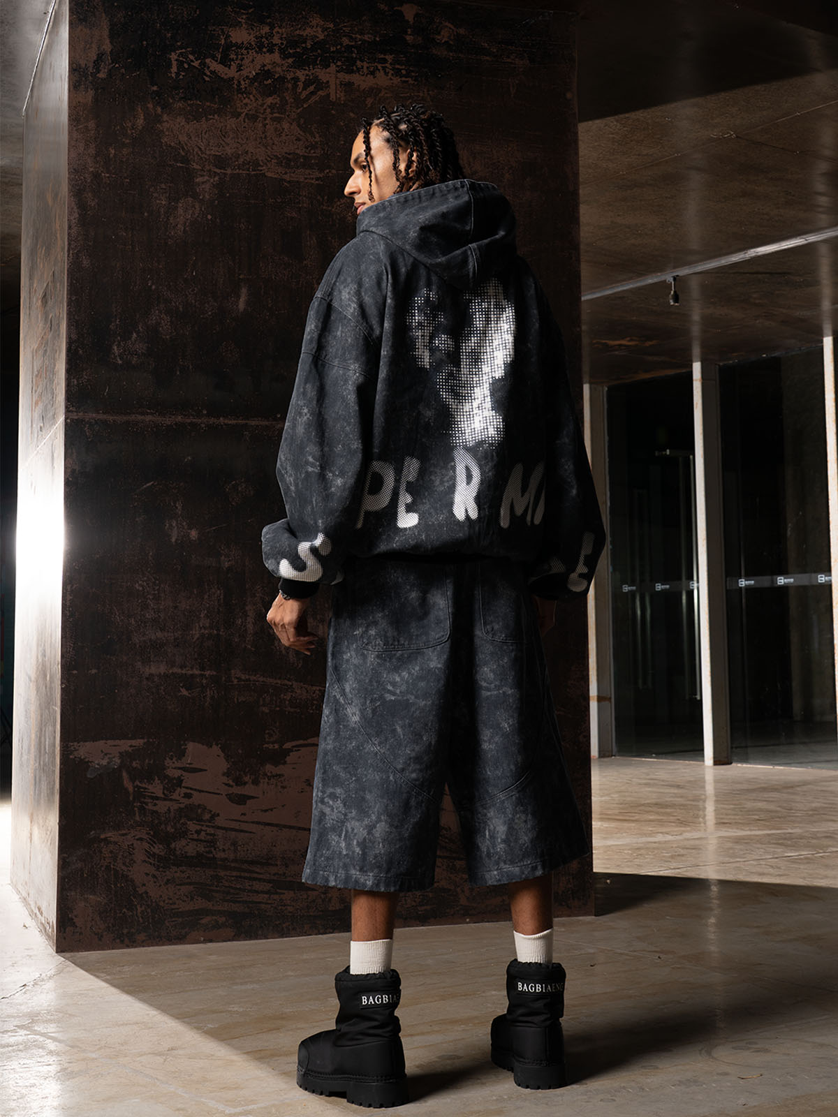 Oversized Denim Hoodie And Shorts Set For Urban Streetwear