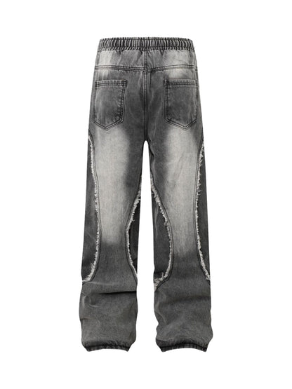 Washed Distressed Raw Edge Drawstring Jeans