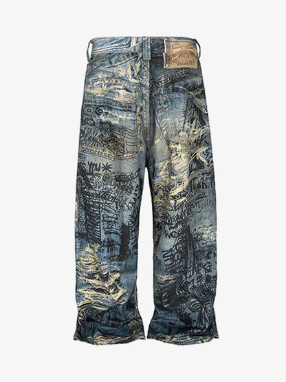 Ripped Holes Torn Optical Printed Jeans