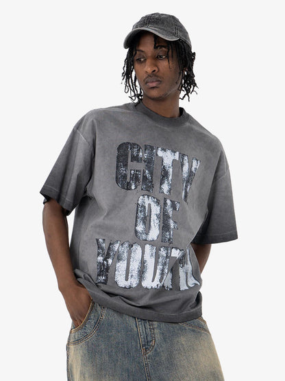 Vintage Gradient Spray Letter Print T-shirt