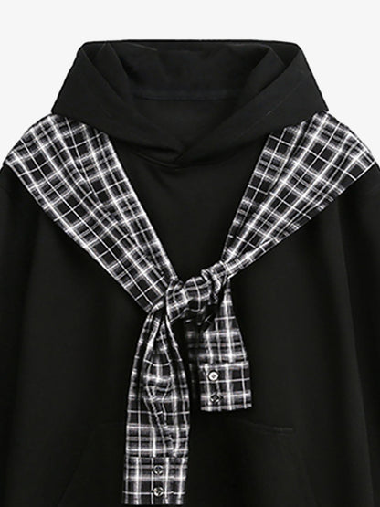 Stylish Plaid-Trimmed Hoodie with Sailor Collar Design for Women