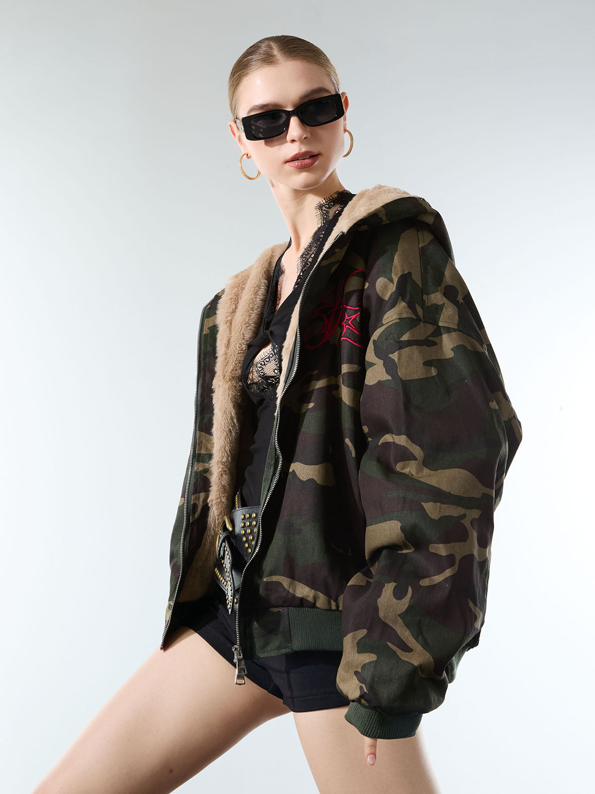 Embroidered Detachable Fur Hooded Jacket