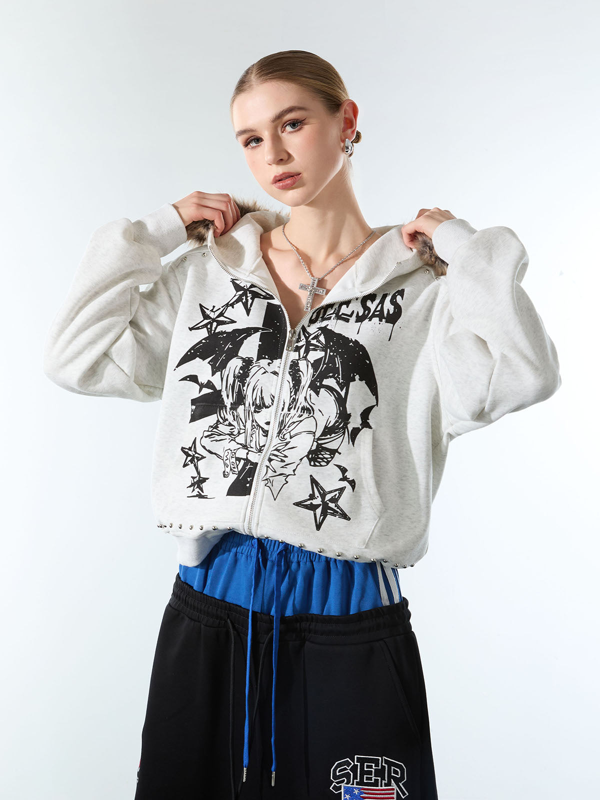 Retro Fur Collar Cartoon Pattern Zipper Hooded Sweatshirt