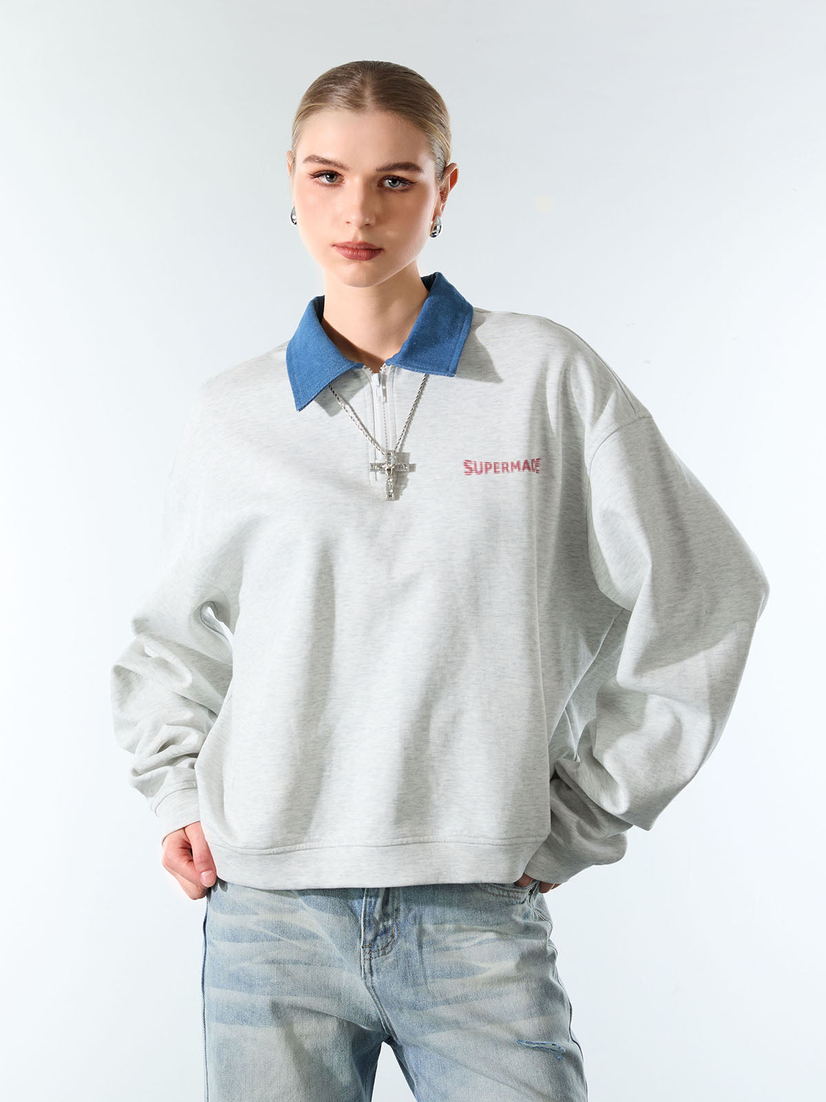 Original Denim Lapel Patchwork Sweatshirt