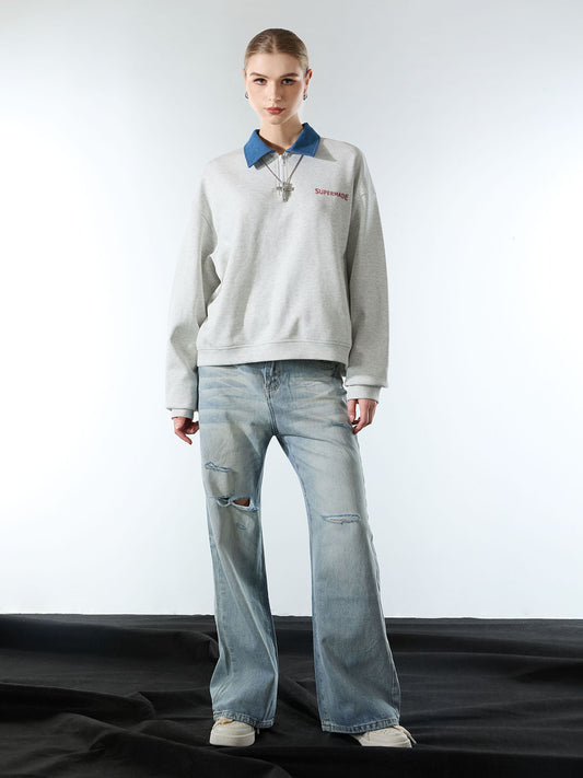 Original Denim Lapel Patchwork Sweatshirt