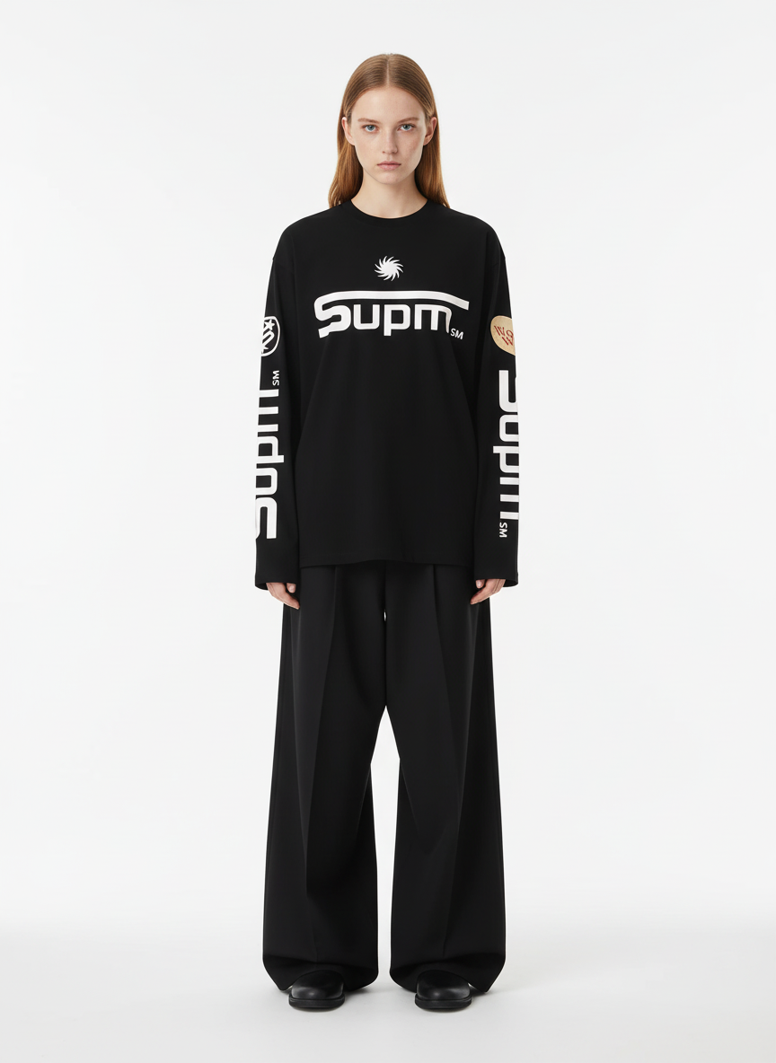 Textured Waffle SUPM Letter Graphic Long Sleeve T-Shirt