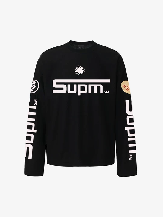 Textured Waffle SUPM Letter Graphic Long Sleeve T-Shirt