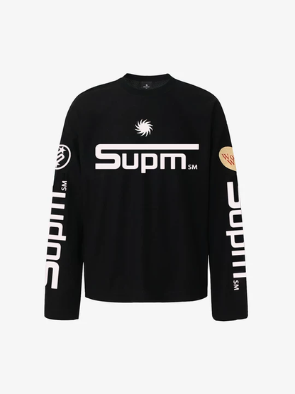 Textured Waffle SUPM Letter Graphic Long Sleeve T-Shirt