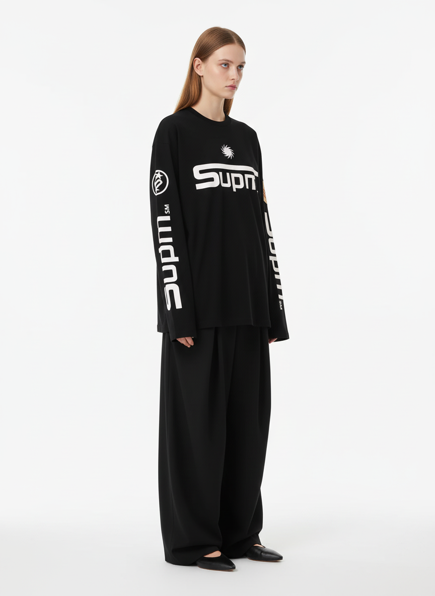 Textured Waffle SUPM Letter Graphic Long Sleeve T-Shirt