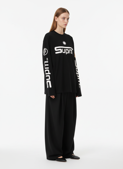 Textured Waffle SUPM Letter Graphic Long Sleeve T-Shirt