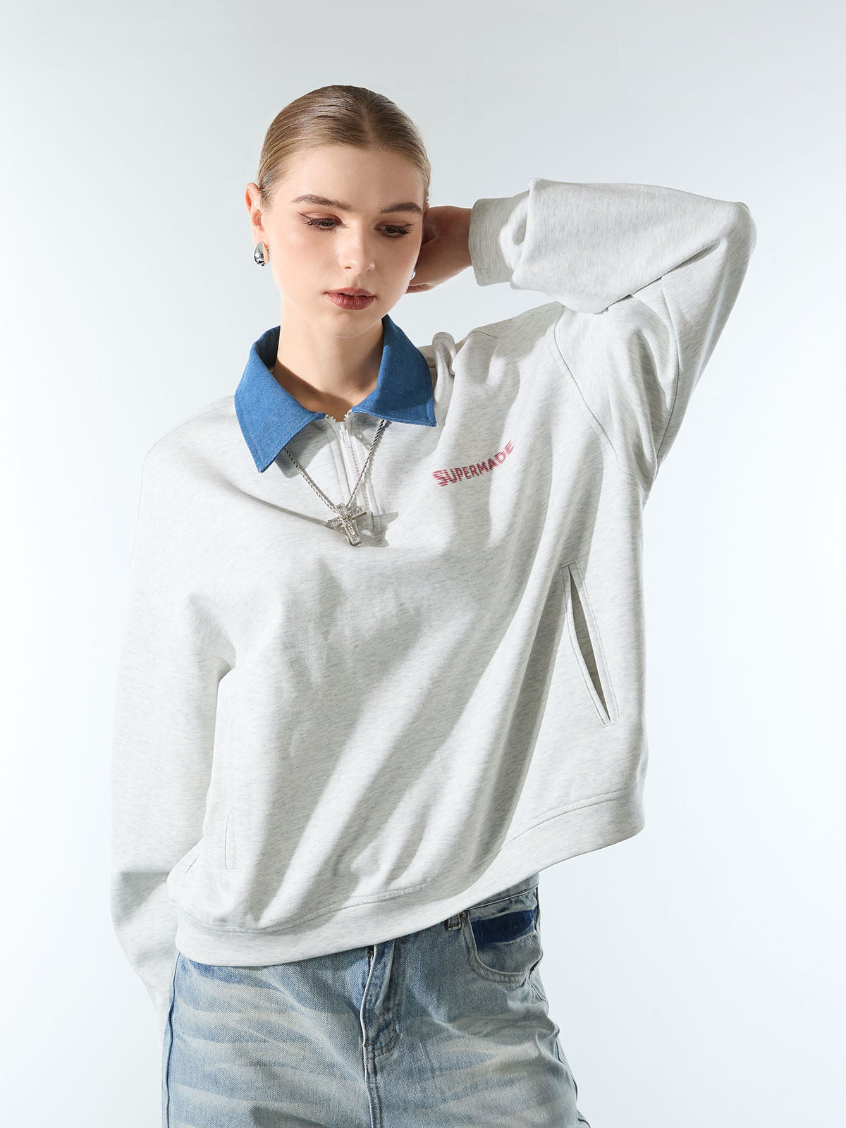 Original Denim Lapel Patchwork Sweatshirt