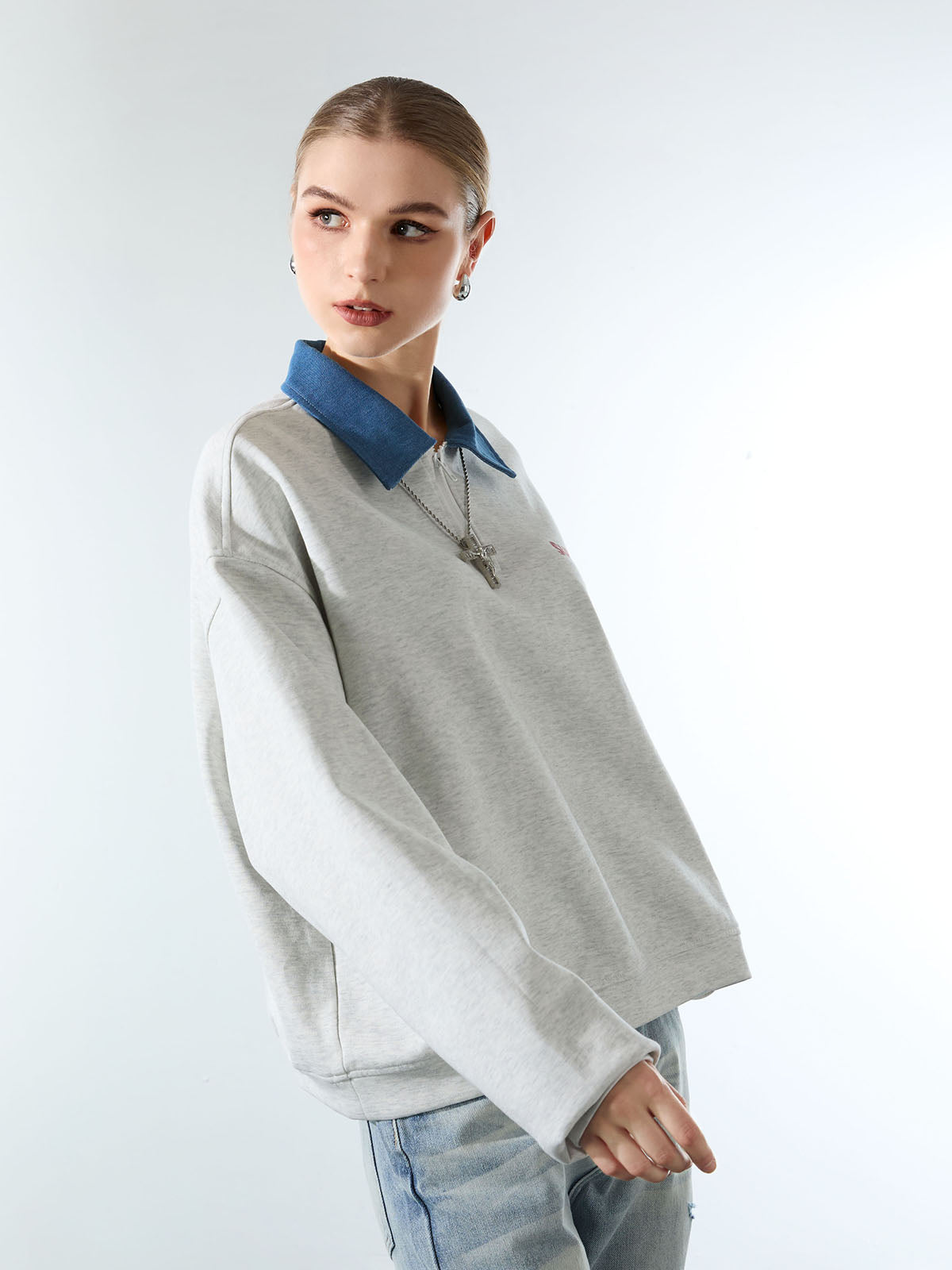 Original Denim Lapel Patchwork Sweatshirt