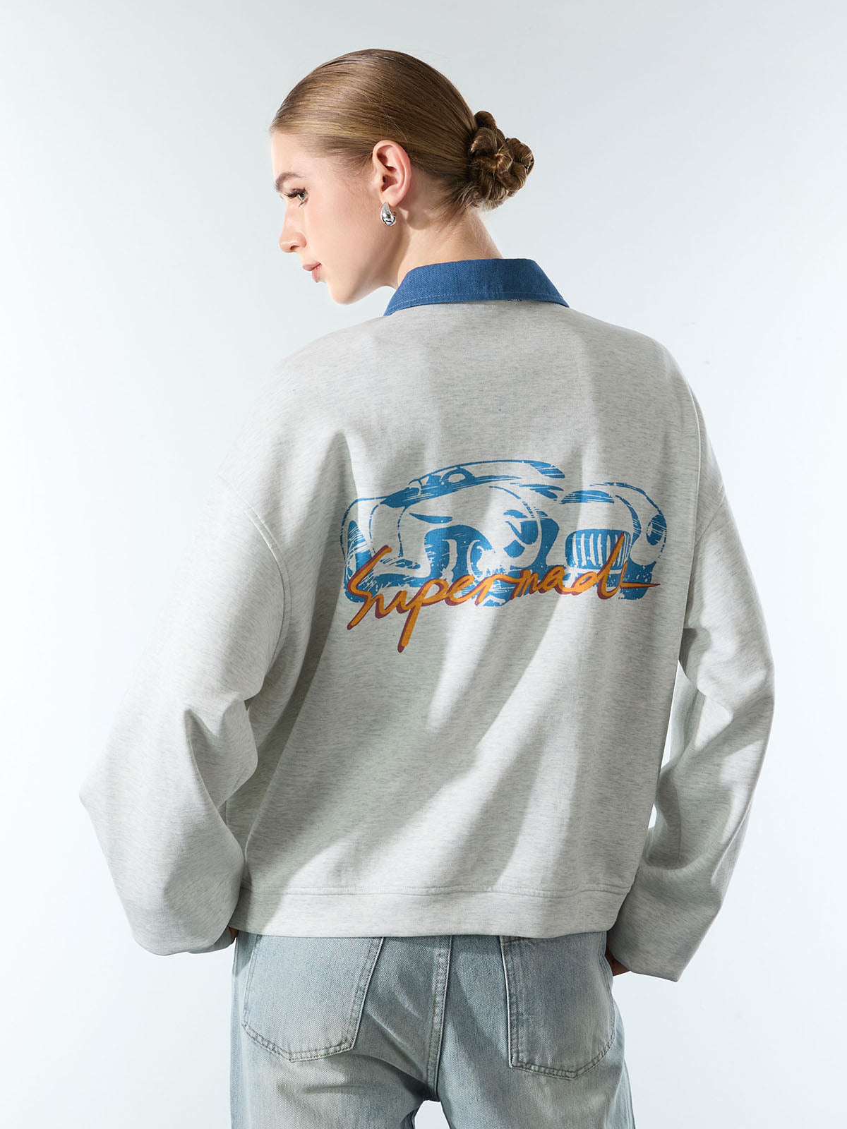 Original Denim Lapel Patchwork Sweatshirt