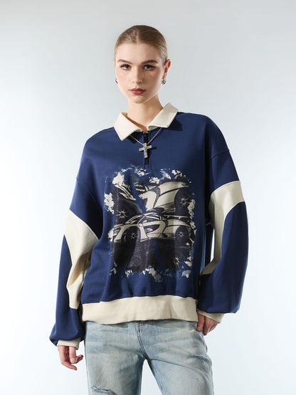 Original Racing Style Print Lapel Sweatshirt