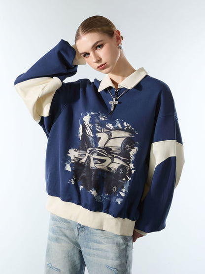 Original Racing Style Print Lapel Sweatshirt