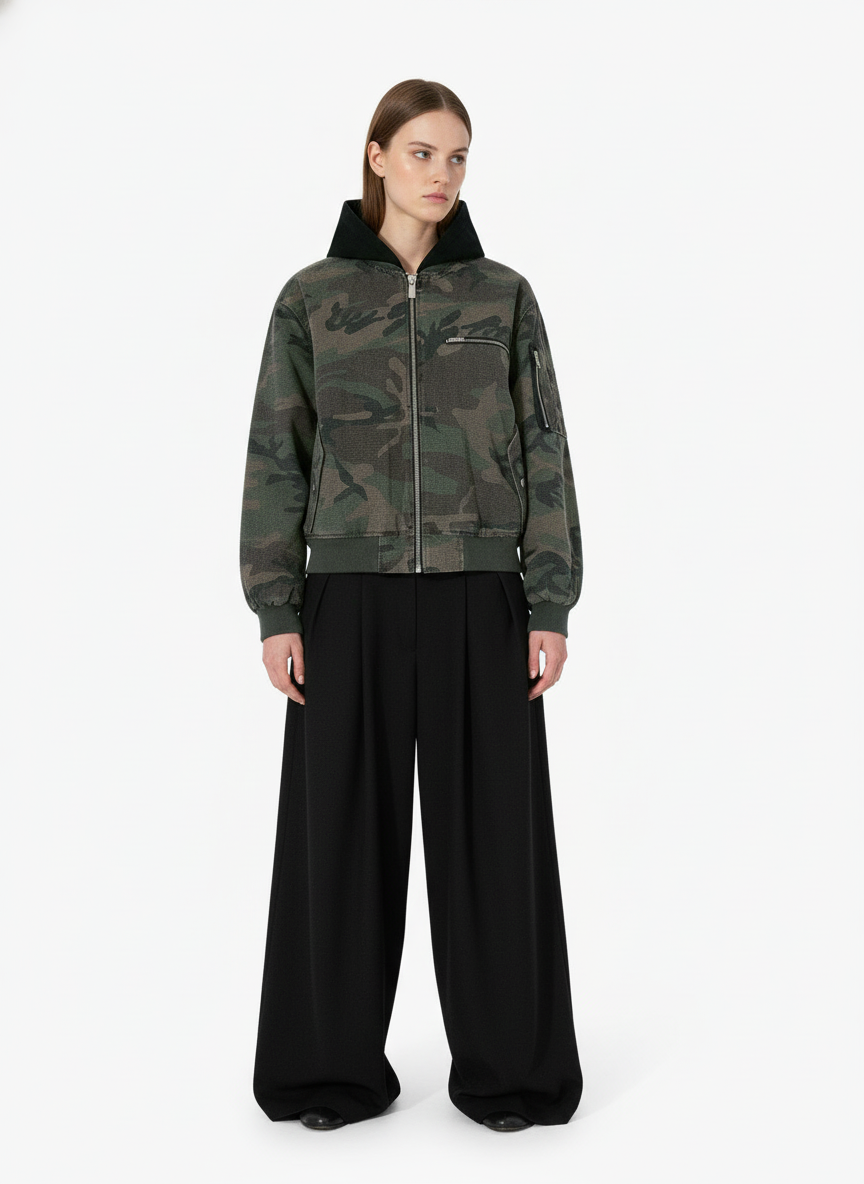 Retro Camouflage Faux Two-Piece Bomber Jacket