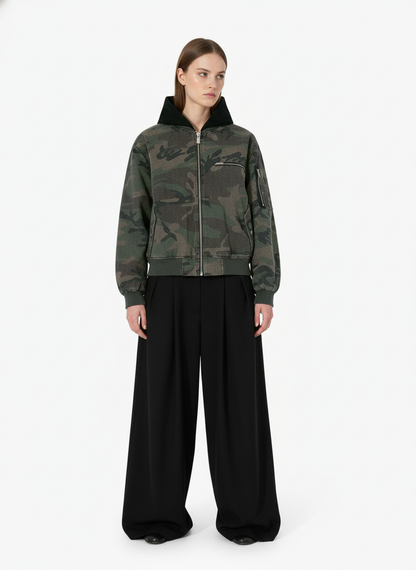 Retro Camouflage Faux Two-Piece Bomber Jacket