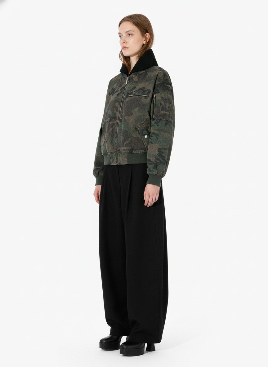 Retro Camouflage Faux Two-Piece Bomber Jacket