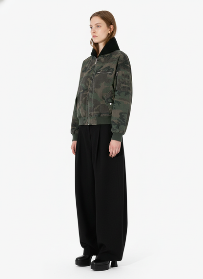 Retro Camouflage Faux Two-Piece Bomber Jacket