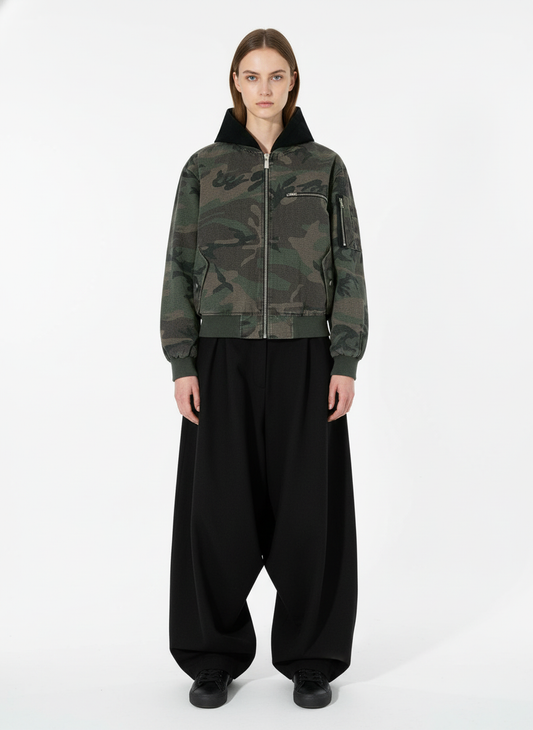 Retro Camouflage Faux Two-Piece Bomber Jacket