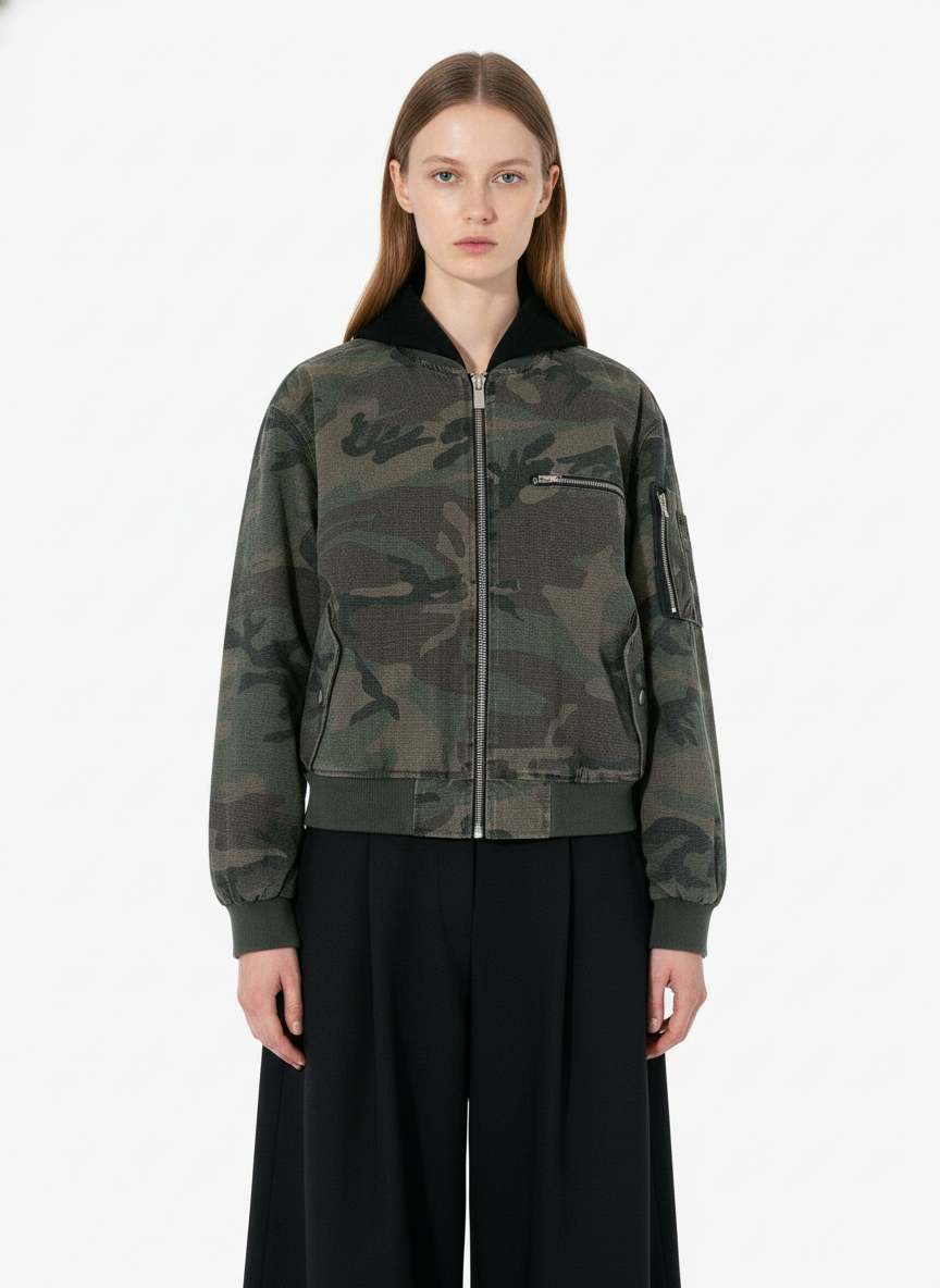 Retro Camouflage Faux Two-Piece Bomber Jacket