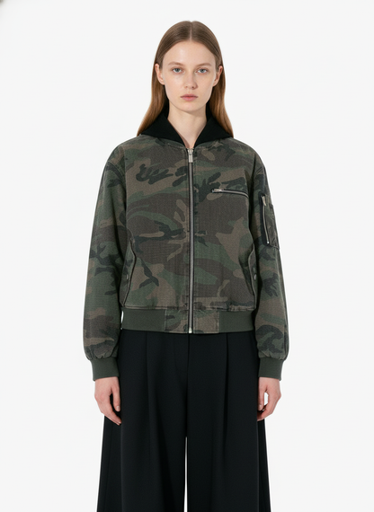Retro Camouflage Faux Two-Piece Bomber Jacket