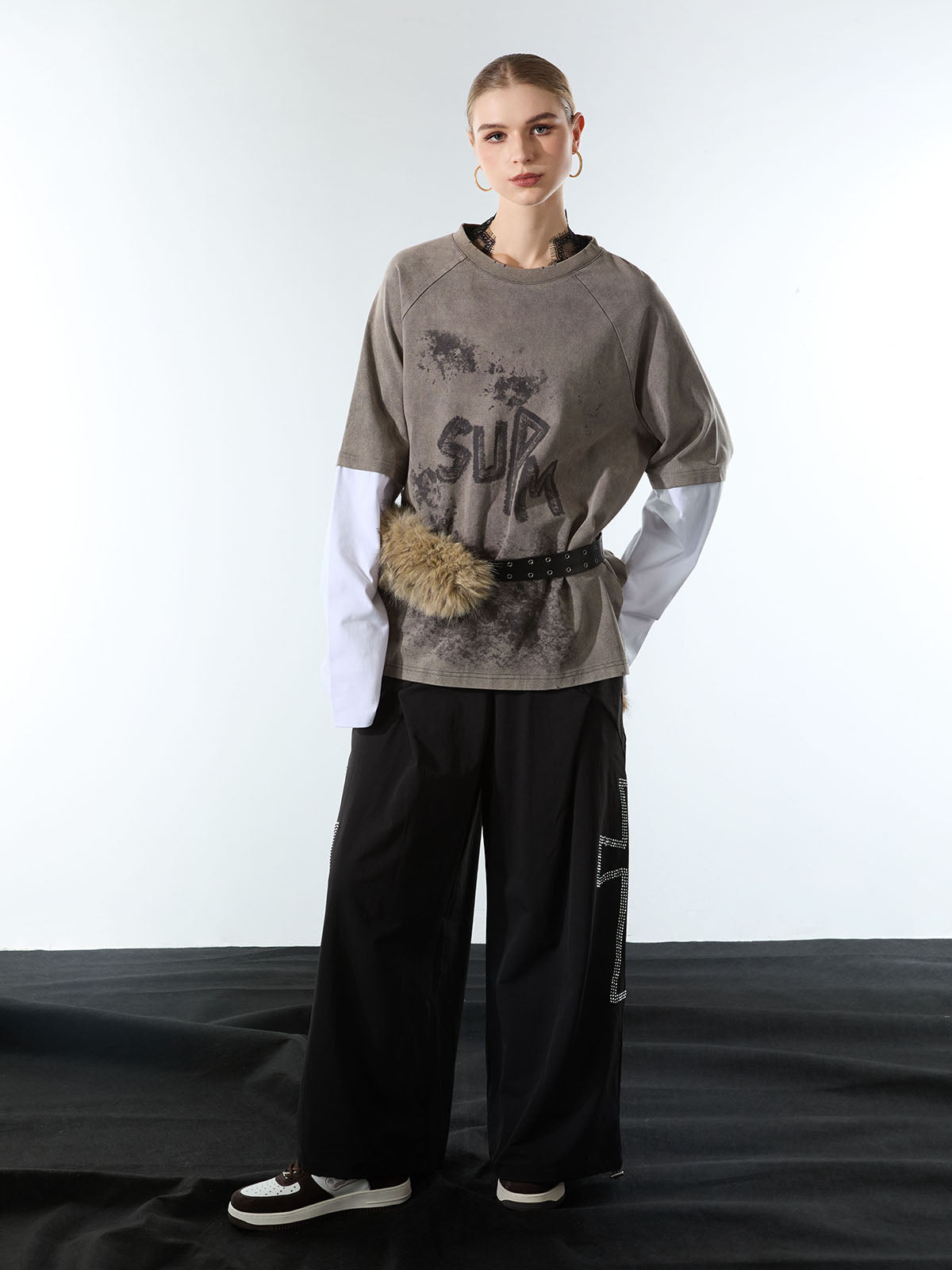 Washed Contrast Color Print Long Sleeve Cotton T-shirt