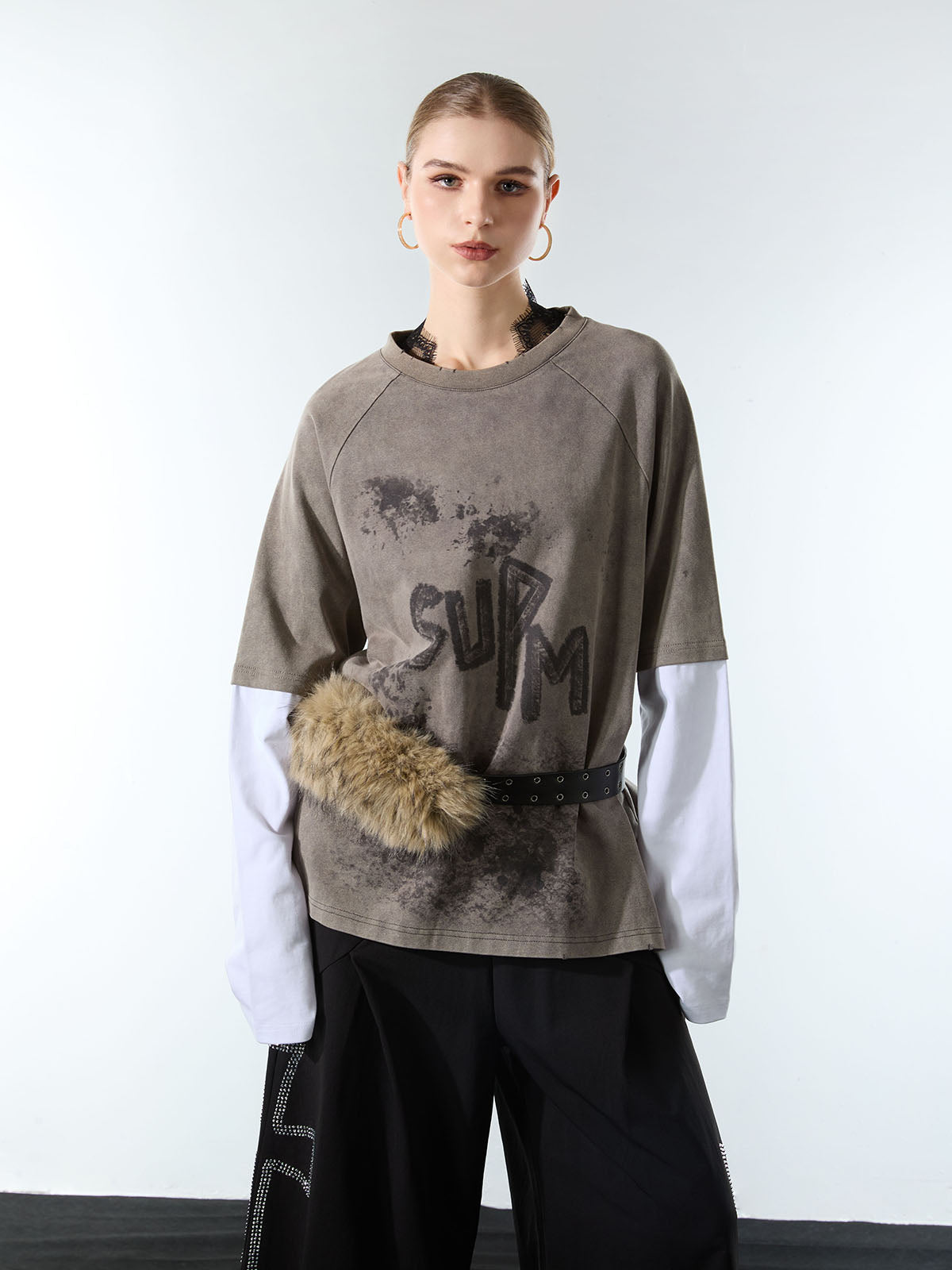 Washed Contrast Color Print Long Sleeve Cotton T-shirt