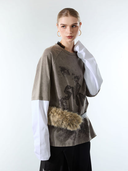 Washed Contrast Color Print Long Sleeve Cotton T-shirt