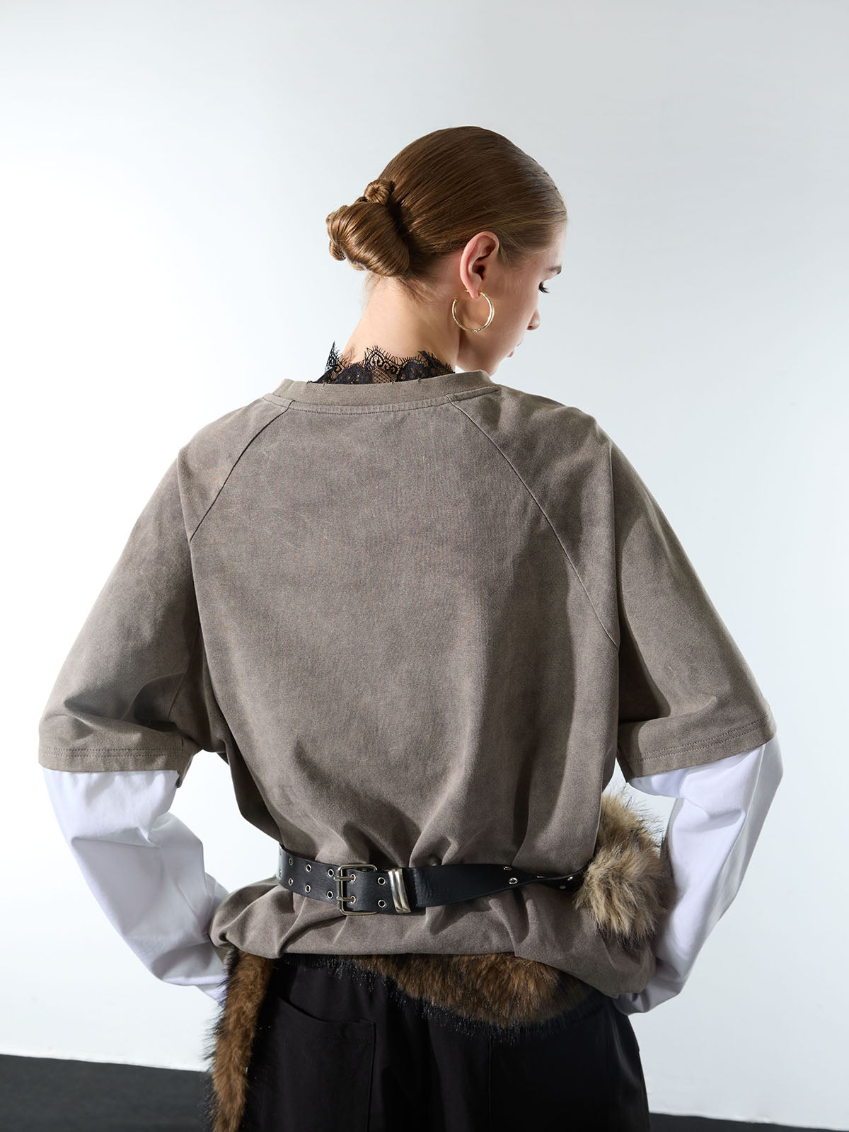 Washed Contrast Color Print Long Sleeve Cotton T-shirt