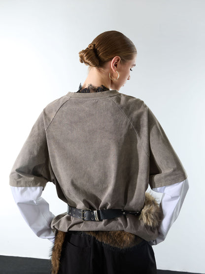 Washed Contrast Color Print Long Sleeve Cotton T-shirt