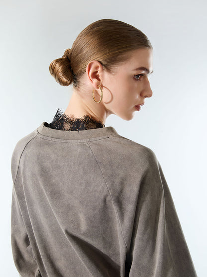 Washed Contrast Color Print Long Sleeve Cotton T-shirt