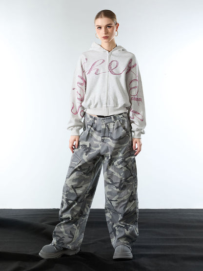Woven Snow Camouflage Machete Wide-Leg Cargo Barrel Pants