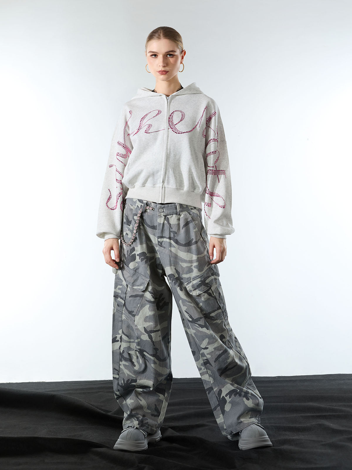 Woven Snow Camouflage Machete Wide-Leg Cargo Barrel Pants