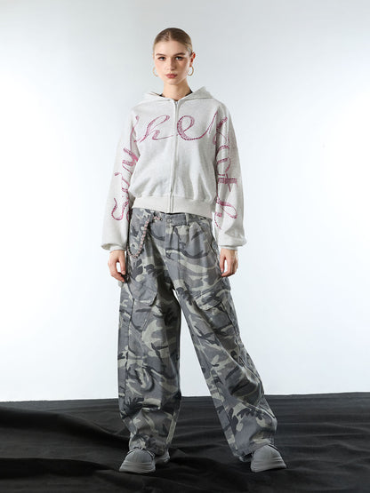 Woven Snow Camouflage Machete Wide-Leg Cargo Barrel Pants