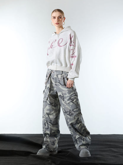 Woven Snow Camouflage Machete Wide-Leg Cargo Barrel Pants