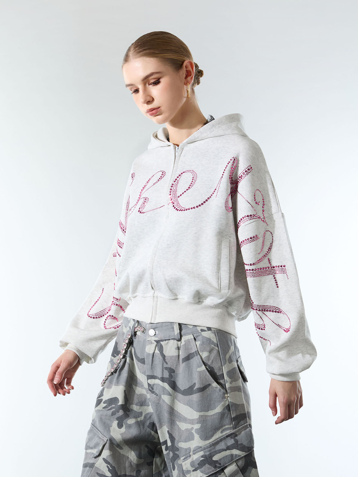 Street Hip-Hop Rhinestone Cropped Hooded Sweatshirt