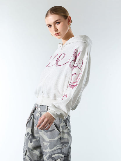Street Hip-Hop Rhinestone Cropped Hooded Sweatshirt