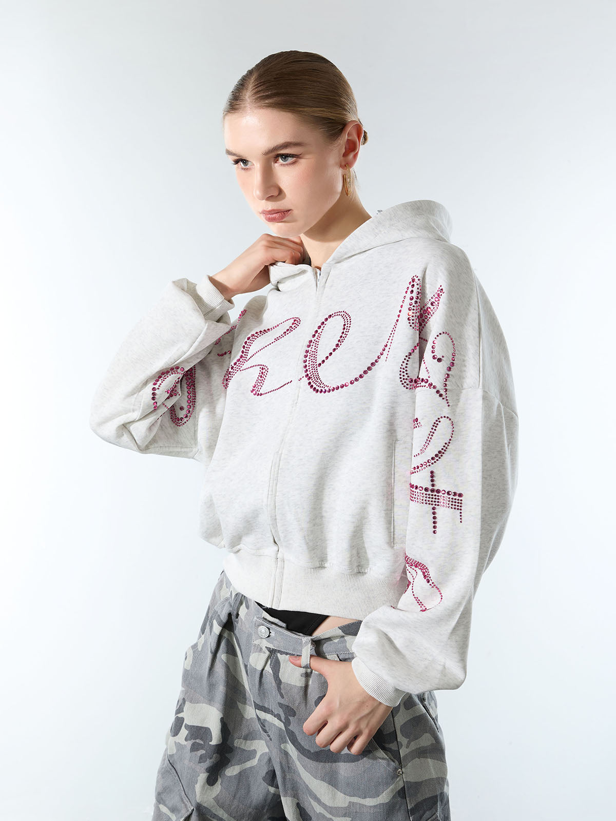 Street Hip-Hop Rhinestone Cropped Hooded Sweatshirt