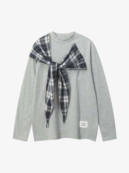 Black Long Sleeve T-Shirt with Plaid Shoulder Patch - Stylish and Versatile Top for Casual Wear