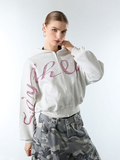 Street Hip-Hop Rhinestone Cropped Hooded Sweatshirt