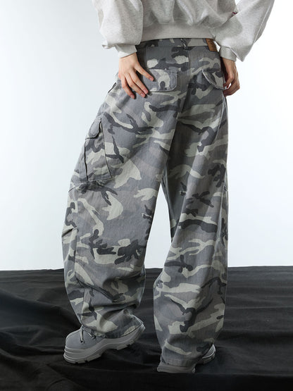 Woven Snow Camouflage Machete Wide-Leg Cargo Barrel Pants