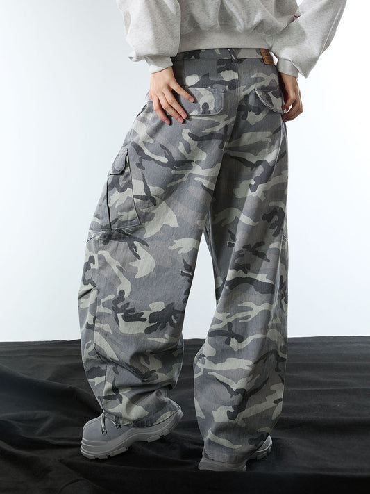 Woven Snow Camouflage Machete Wide-Leg Cargo Barrel Pants