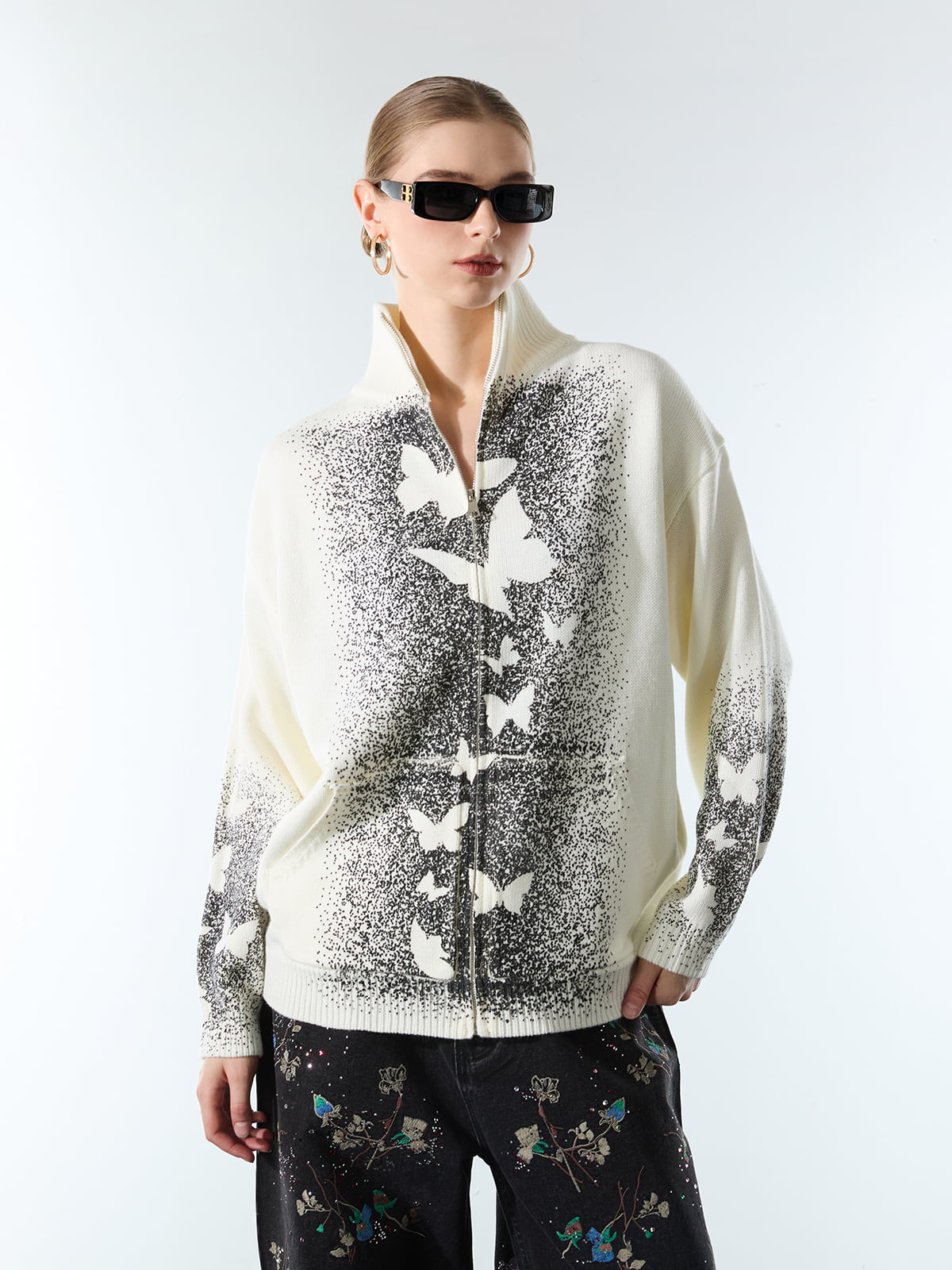 Street Dark Phantom Butterfly Stand-Collar Knit Cardigan Sweater
