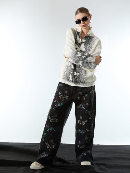 Street Dark Phantom Butterfly Stand-Collar Knit Cardigan Sweater