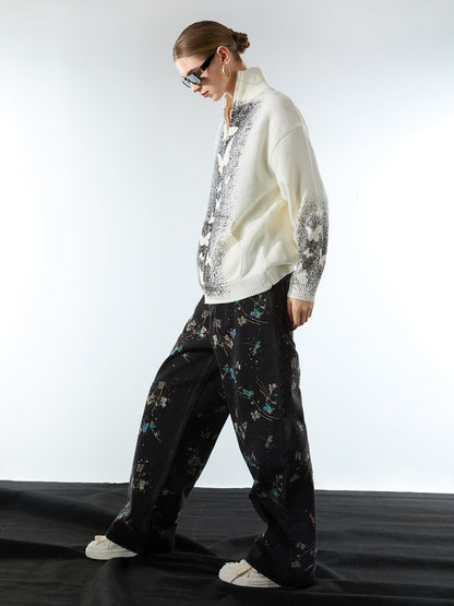 Street Dark Phantom Butterfly Stand-Collar Knit Cardigan Sweater