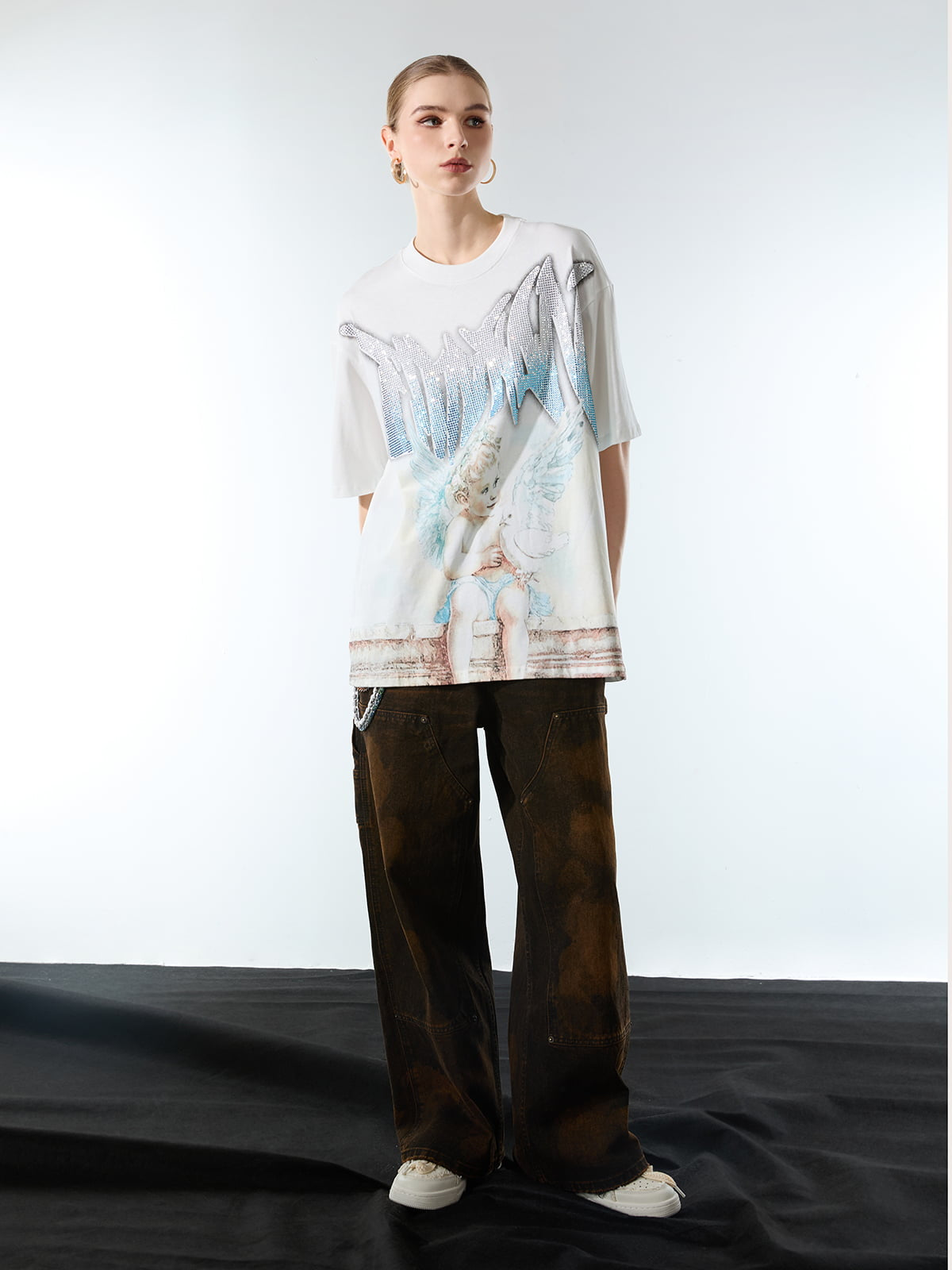 Retro Street Peace Dove Angel Rhinestone T-Shirt